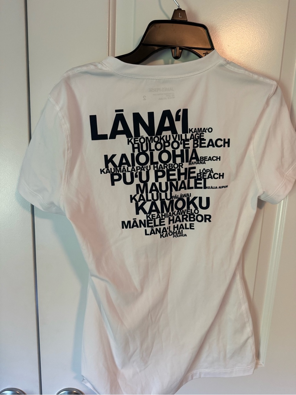 James Perse White swim shirt  with Black Typographic Place-Name Print